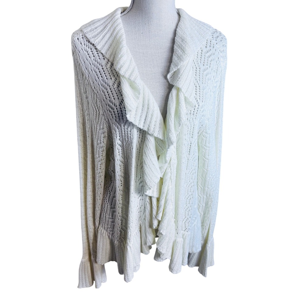 Daisy Fuentes White Ruffle Pointelle Knit Open Front Cardigan Plus 1X Crochet